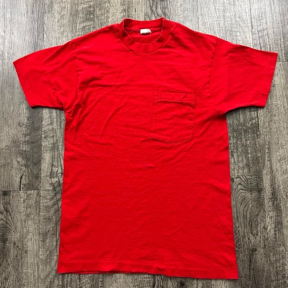 Vintage 80s Blank Tee Single Stitch Pocket Selvedge T Shirt Red - Picture 1 of 7